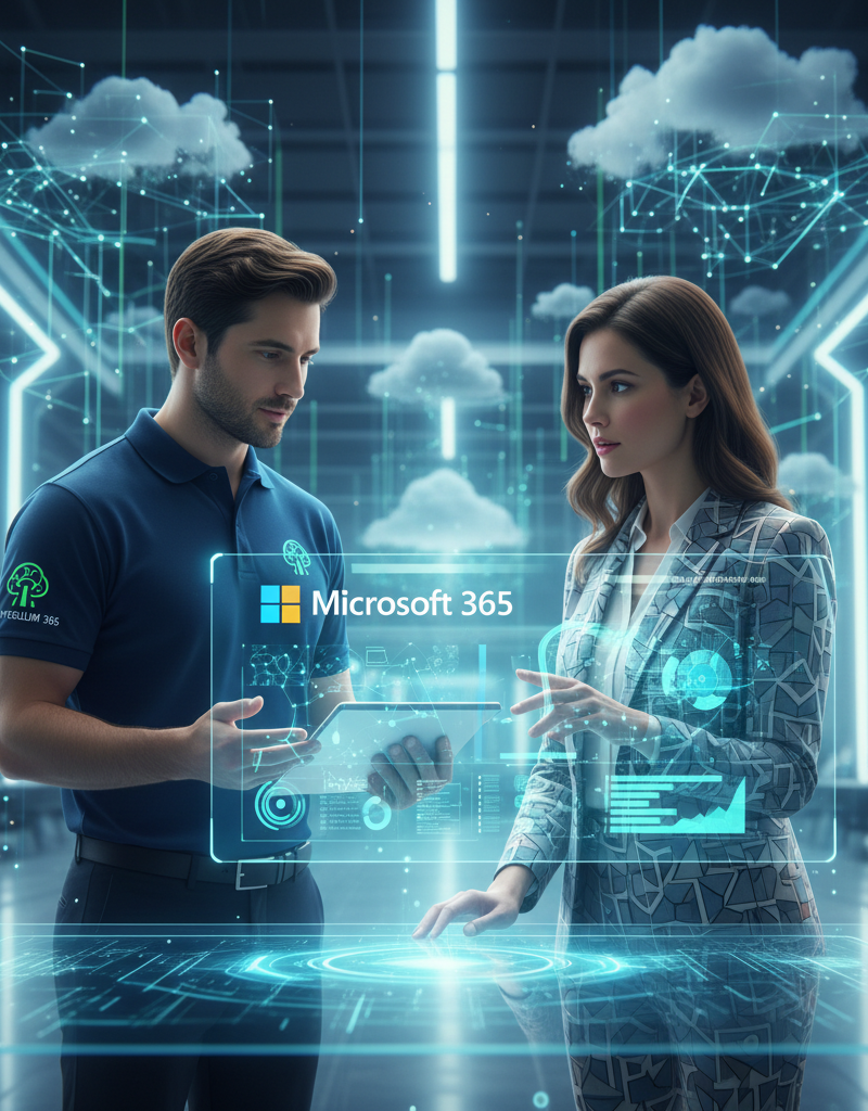 An IT expert from Mycelium 365 discussing Microsoft 365 solutions with a business owner in a modern office, pointing to a tablet showing data analytics.
