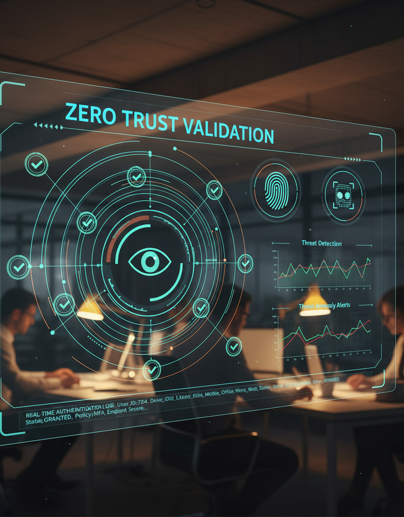 A futuristic digital interface displaying a network security dashboard with green checkmarks and biometric scanning icons, representing Zero Trust validation.
