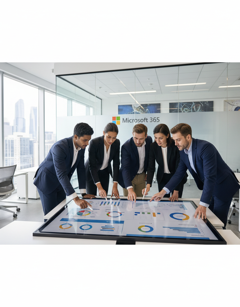 Office workers collaborating around a large touch screen display, reviewing data and discussing strategy. The scene is bright and modern, symbolizing productivity and teamwork, with the Microsoft 365 logo subtly displayed in the background.