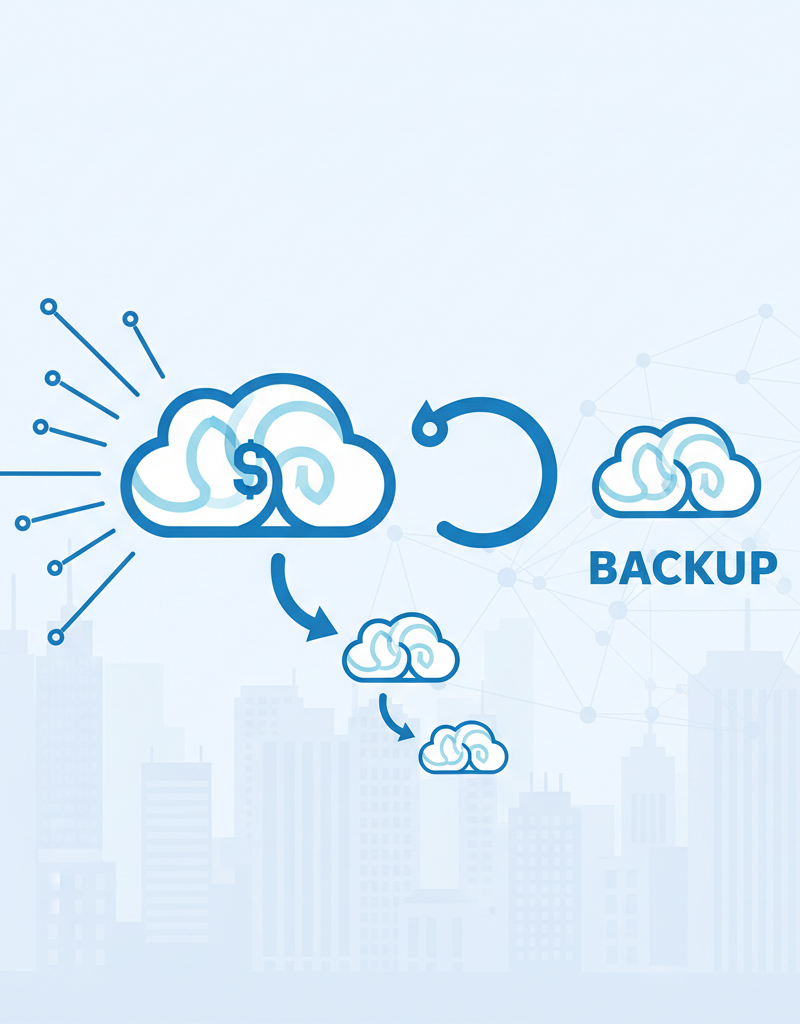 A stylised depiction of data flowing into a cloud storage symbol, with a backup arrow indicating data replication. The background shows a cityscape with subtle indications of network connectivity.