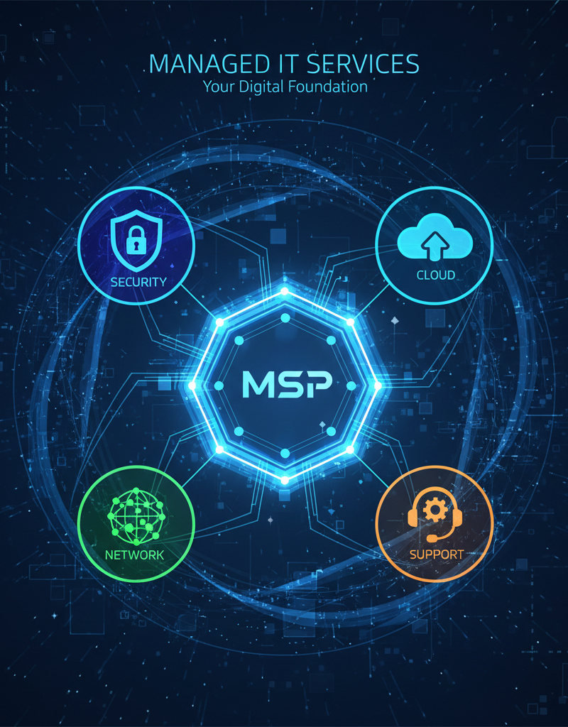 A graphic representing managed IT services, showing various icons for security, cloud, network, and support, all connected to a central hub representing the managed service provider.
