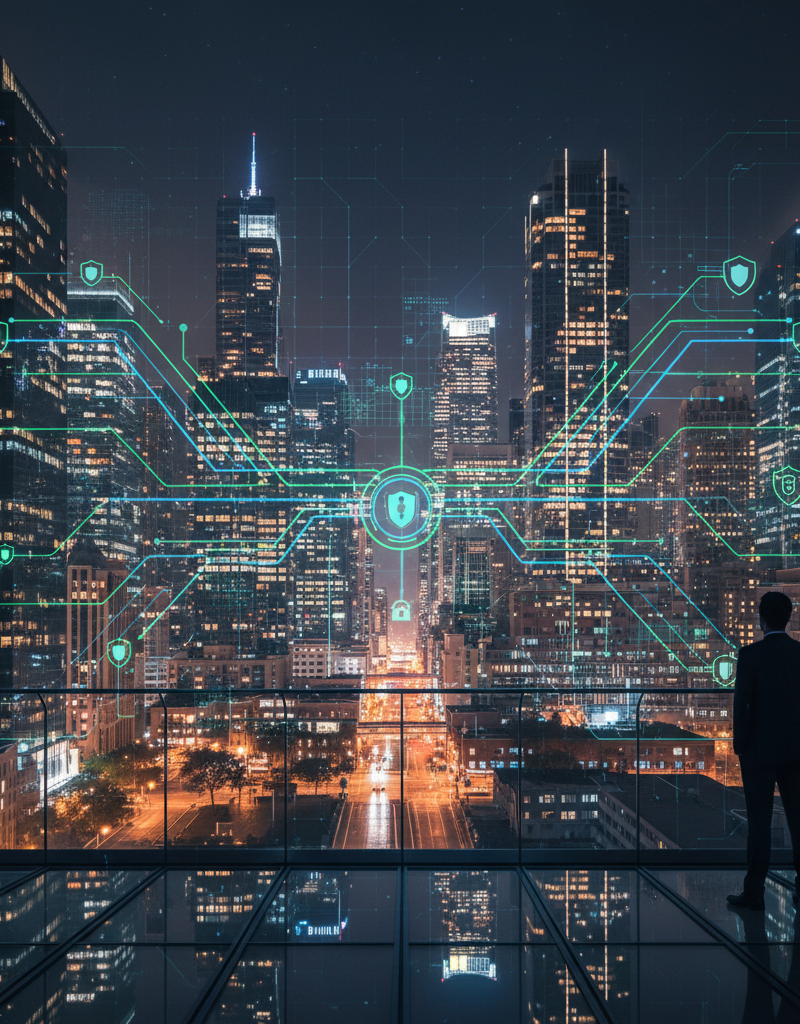 A cityscape at night with glowing network connections overlaid on the buildings, symbolizing a secure and interconnected digital infrastructure.