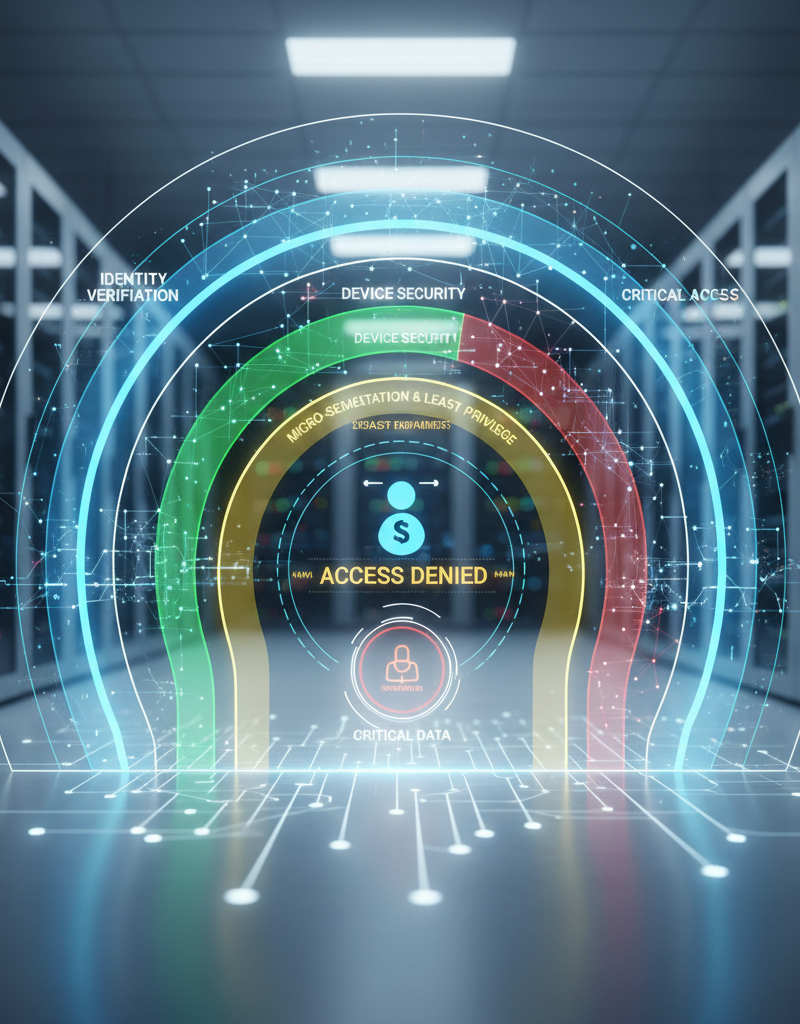 Illustration of Zero Trust security principles with multiple layers of verification and access control.