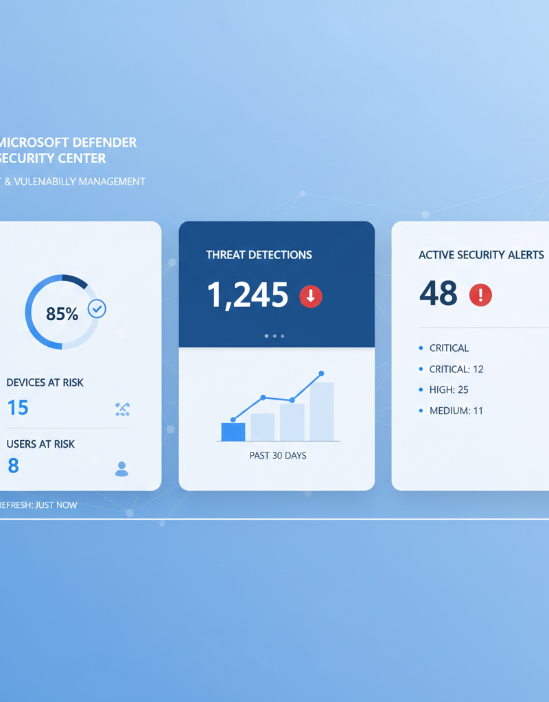 Screenshot of the Microsoft Defender dashboard showing threat detections and security alerts.