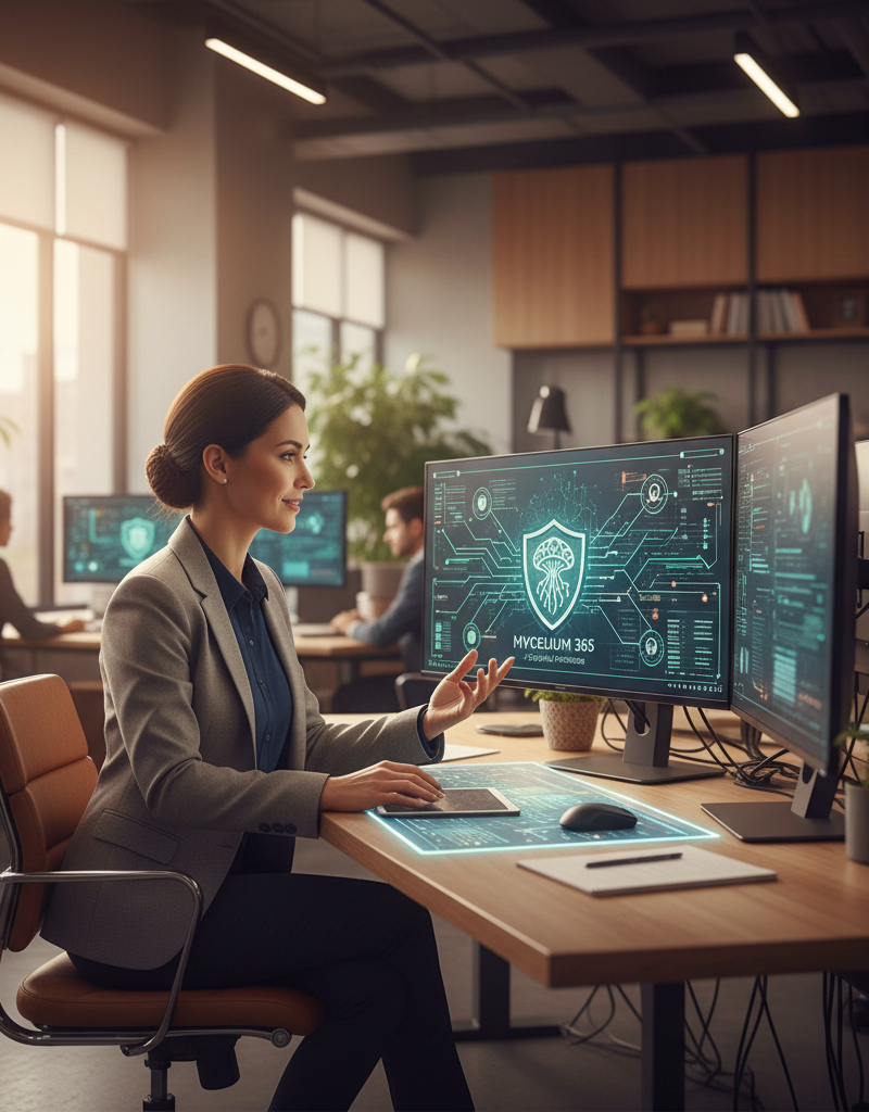 Professional photo of a Mycelium 365 cybersecurity expert analysing a security dashboard, conveying trust and expertise.