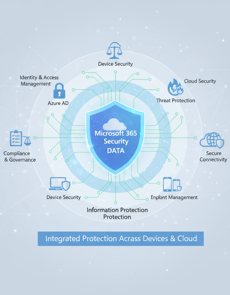 Illustration showing a layered security approach with different Microsoft 365 security features protecting data across devices and networks.