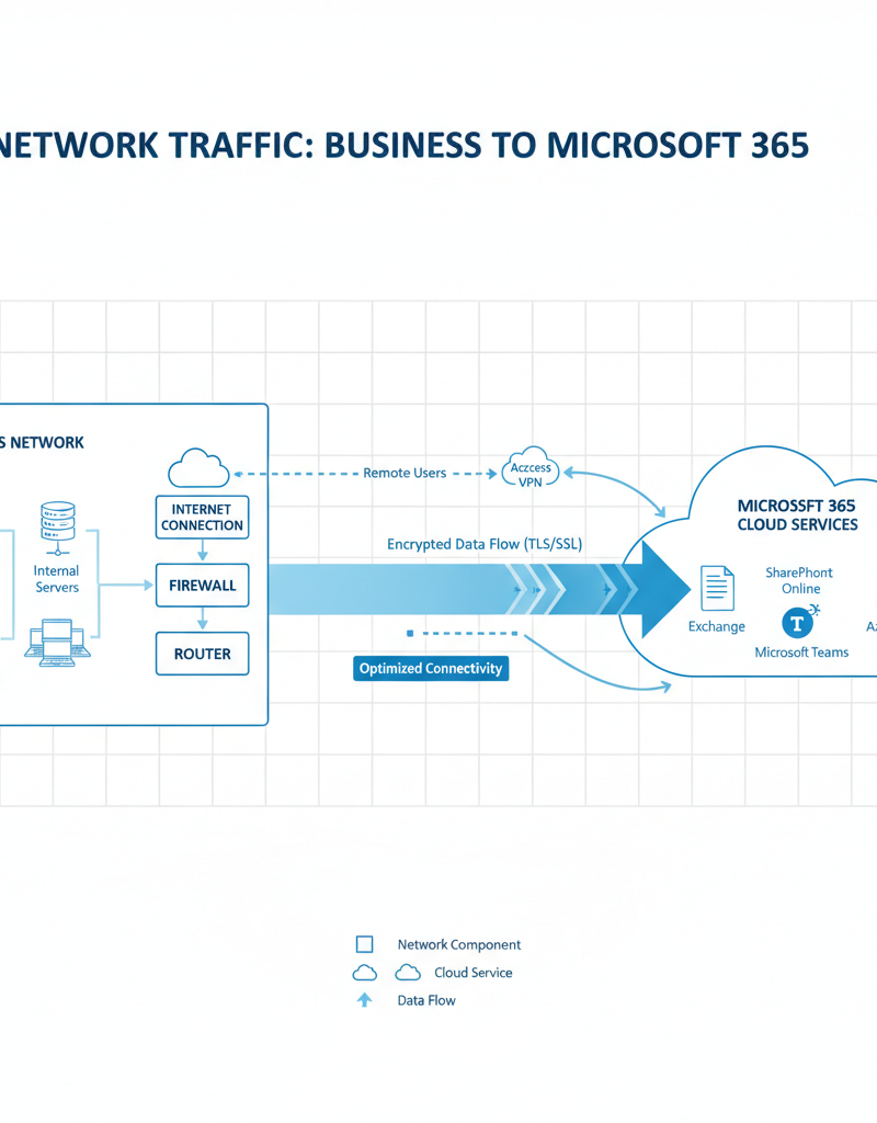 Diagram illustrating network traffic flow between a business network and Microsoft 365 cloud services, highlighting key network components like firewalls, routers, and internet connections.