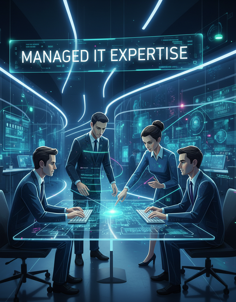 A team of IT professionals collaborating in a modern office environment, showcasing the expertise and support provided by a Managed IT Provider.
