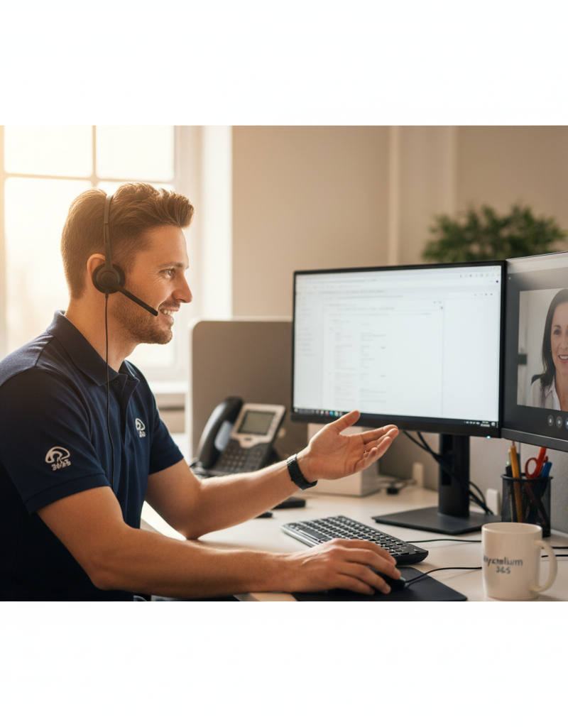 A Mycelium 365 support engineer assisting a client remotely, showcasing IT support services