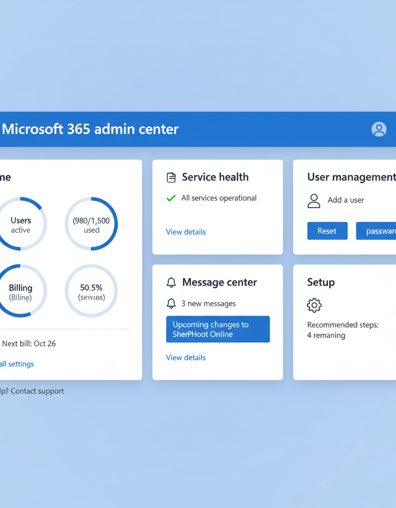 A screenshot of the Microsoft 365 admin center dashboard, showing various settings and configurations.