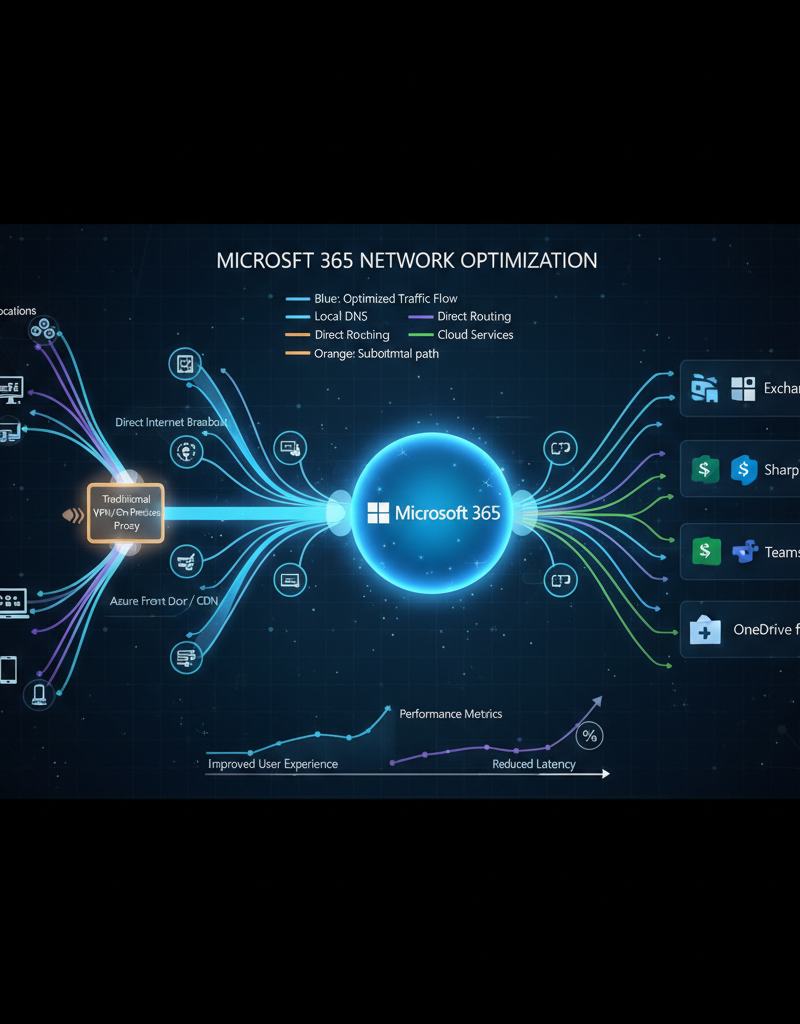 A diagram illustrating network traffic flow and optimization for Microsoft 365 services.