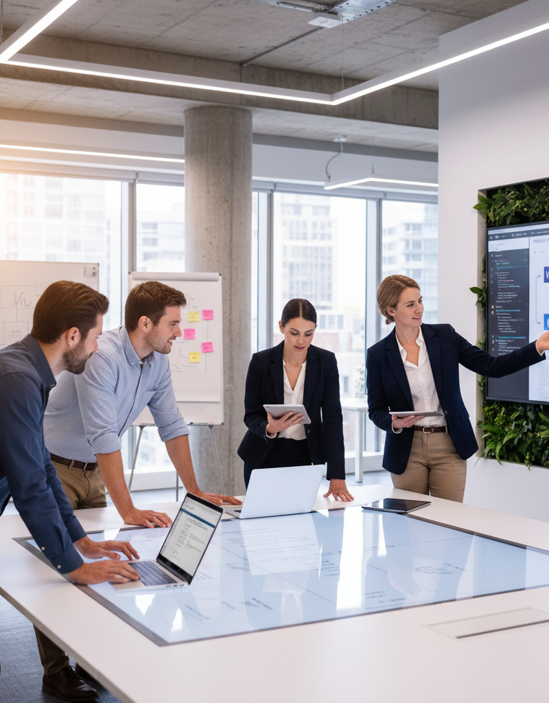A team of IT professionals in a modern office environment, collaborating on a Microsoft 365 project using laptops and tablets. The atmosphere is collaborative and focused, showcasing the benefits of expert IT support.