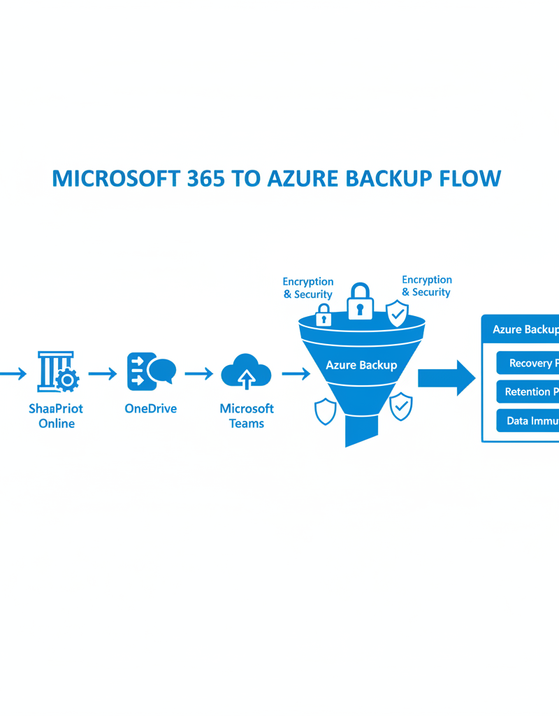 A diagram illustrating the Azure Backup process, showing data flowing from Microsoft 365 services (Exchange Online, SharePoint Online, OneDrive, Teams) to Azure Backup storage. Icons representing encryption and security measures are also included.