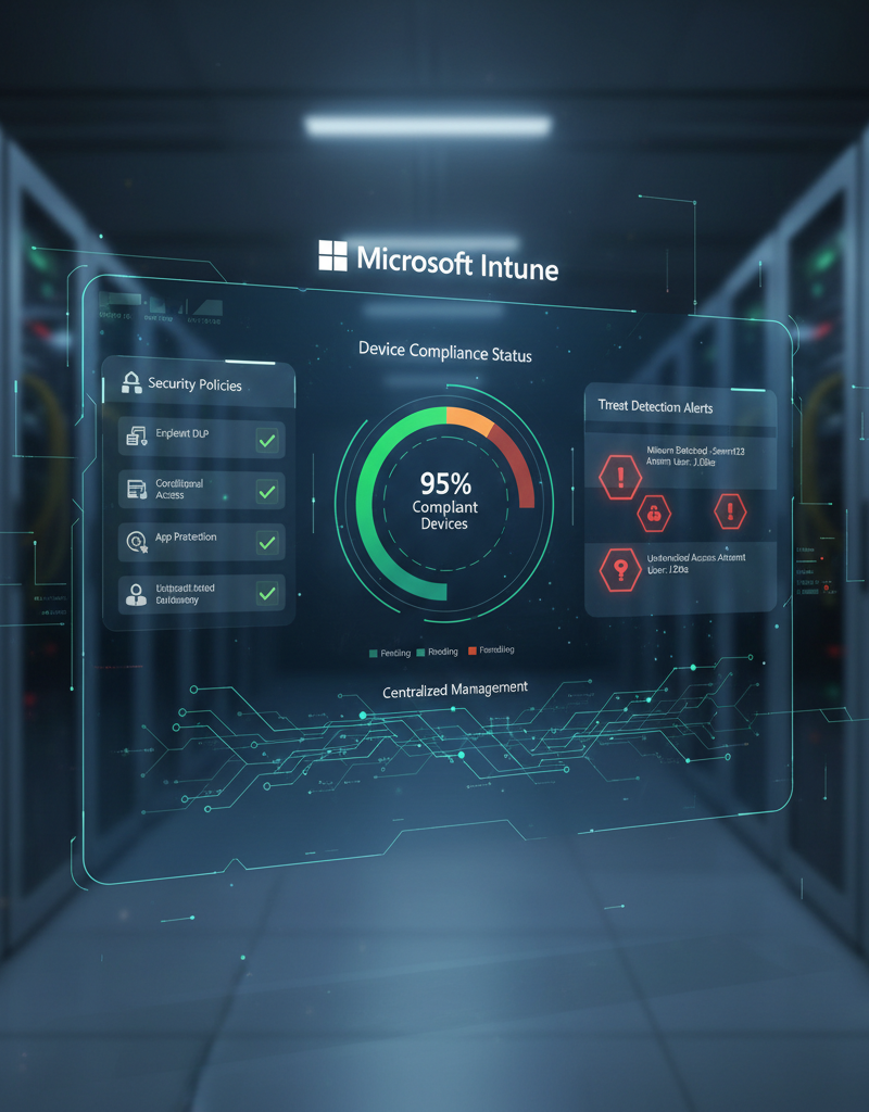 A screenshot of the Microsoft Intune dashboard, showing device compliance status, security policies, and threat detection alerts. The interface highlights the centralised management capabilities of Intune.