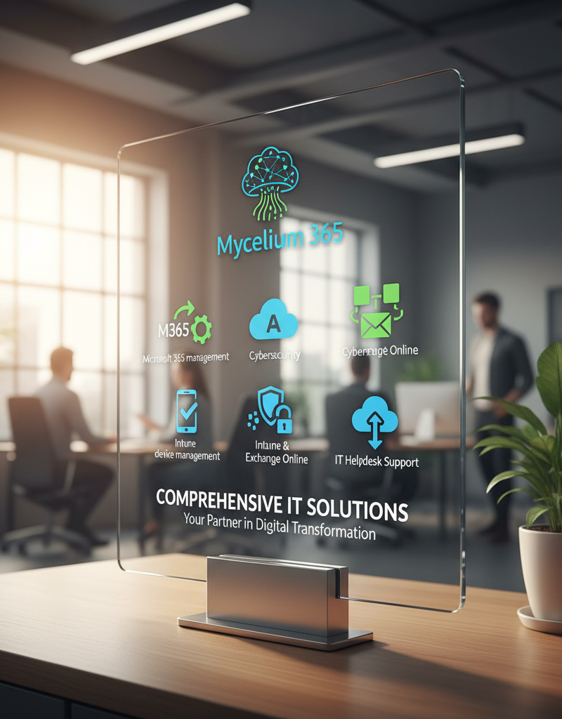 A graphic showcasing the Mycelium 365 logo alongside icons representing the key services offered: Microsoft 365 management, Azure cloud services, cybersecurity, Intune device management, SharePoint and Exchange Online, IT helpdesk support, and cloud migrations. The graphic emphasizes the comprehensive nature of the company's offerings.