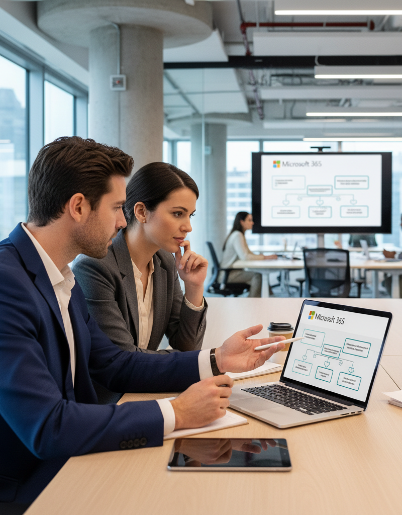 A consultant working with a client on a laptop, discussing Microsoft 365 implementation strategies. The office environment is modern and collaborative.