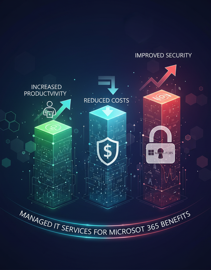 A graph illustrating the benefits of using managed IT services for Microsoft 365, showing increased productivity, reduced costs, and improved security.