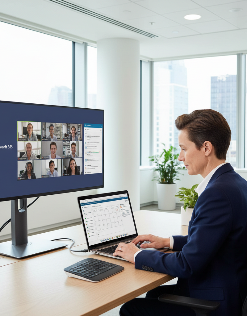 A person working on a laptop in a modern, bright office space, with a second monitor connected. The screen shows a Microsoft 365 application, like Teams or Outlook.