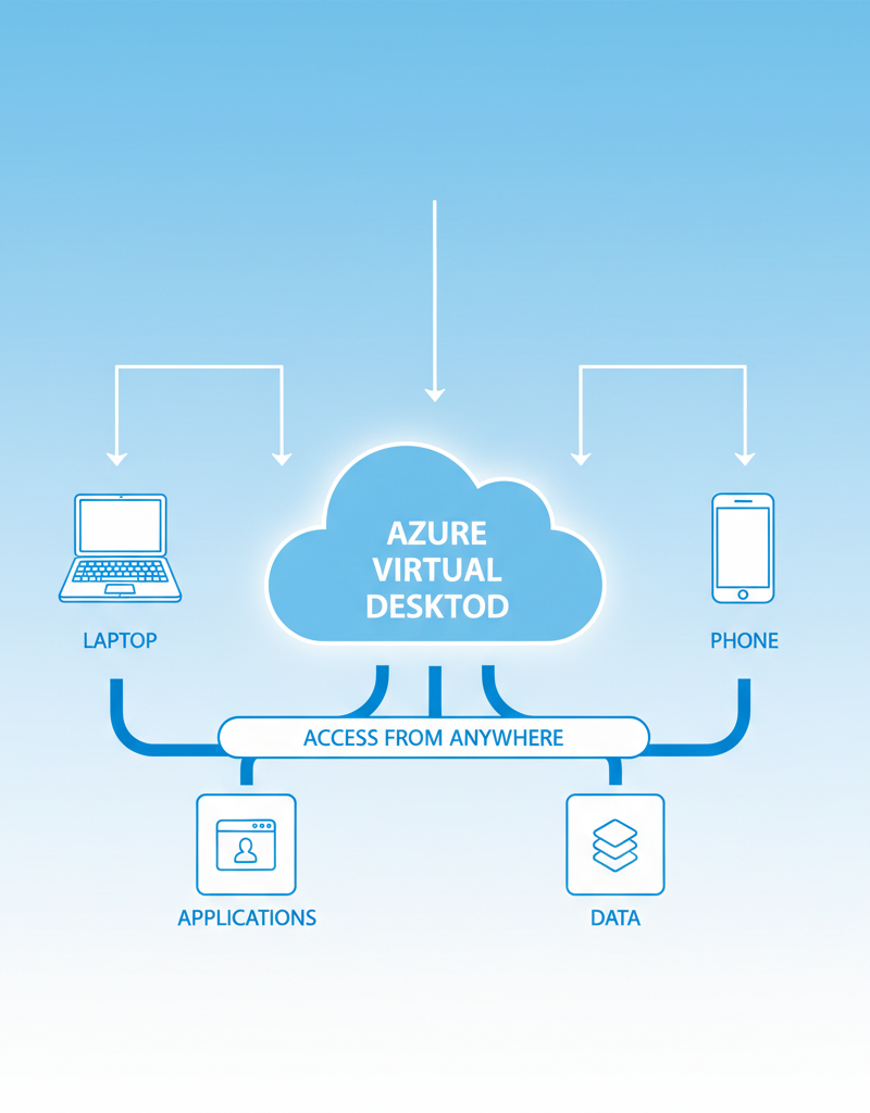 A diagram illustrating how Azure Virtual Desktop allows access to applications and data from various devices (laptop, tablet, phone) connected to the cloud.
