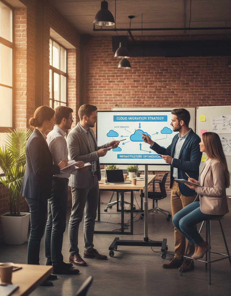 A team of IT professionals working collaboratively in a modern office environment, discussing a cloud migration strategy.