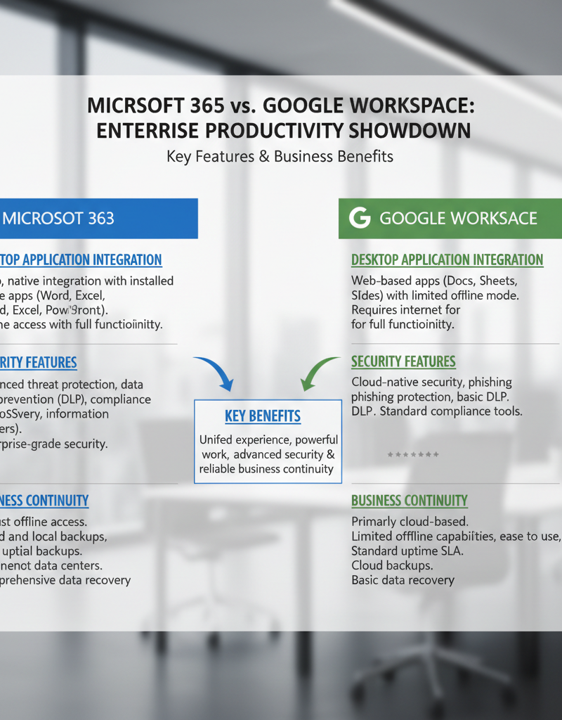 A comparison chart highlighting the key features and benefits of Microsoft 365 versus Google Workspace, focusing on areas like desktop application integration, security features, and business continuity capabilities