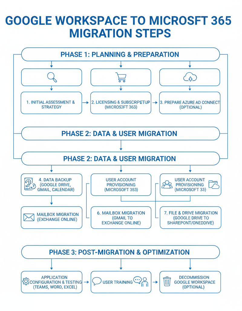 A flowchart illustrating the steps involved in migrating from Google Workspace to Microsoft 365, including data backup, user account setup, and application configuration