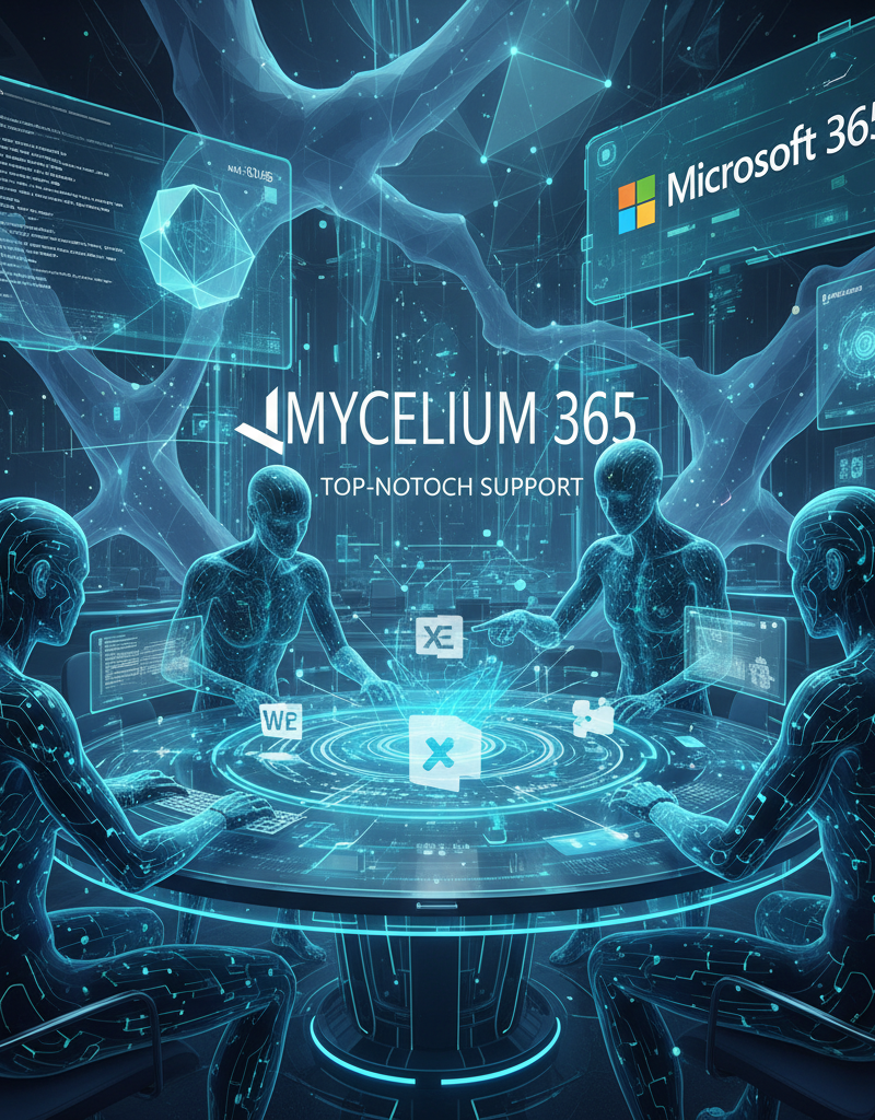 A photo of the Mycelium 365 team working collaboratively in a modern office environment, showcasing their expertise and dedication to providing top-notch Microsoft 365 support