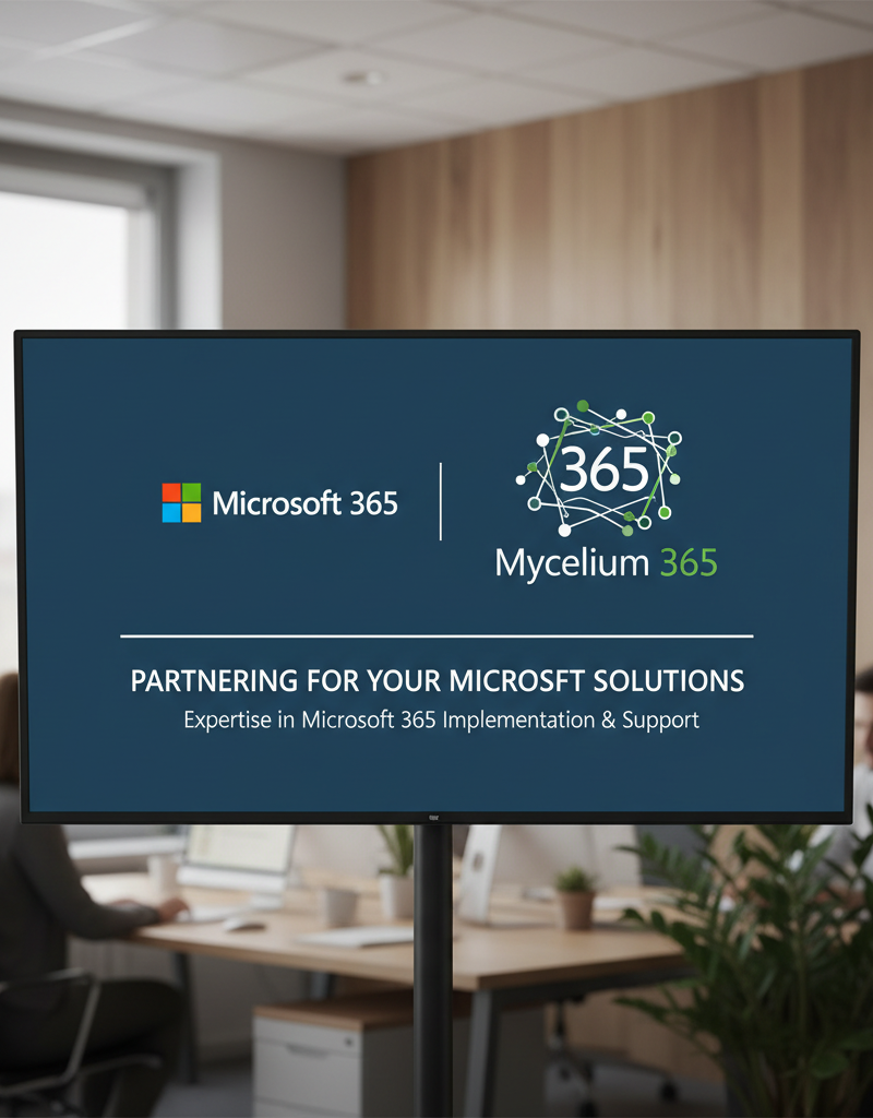 A graphic showing the Microsoft 365 logo alongside the Mycelium 365 logo, emphasizing the partnership and expertise in delivering Microsoft solutions