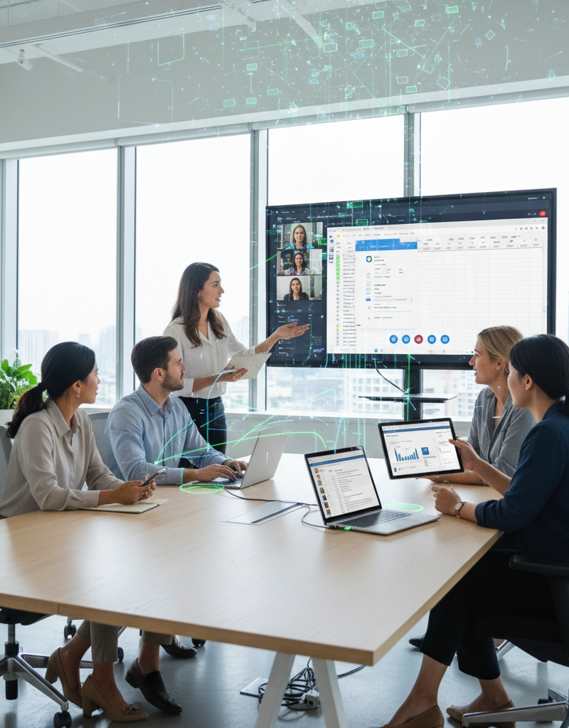 Modern office workers collaborating seamlessly using Microsoft 365 tools on various devices, with a subtle overlay representing cloud connectivity.