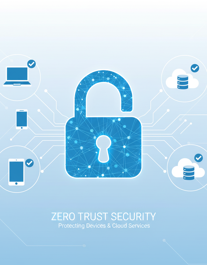 A digital lock icon with interconnected nodes representing a Zero Trust security model, protecting various devices and cloud services.