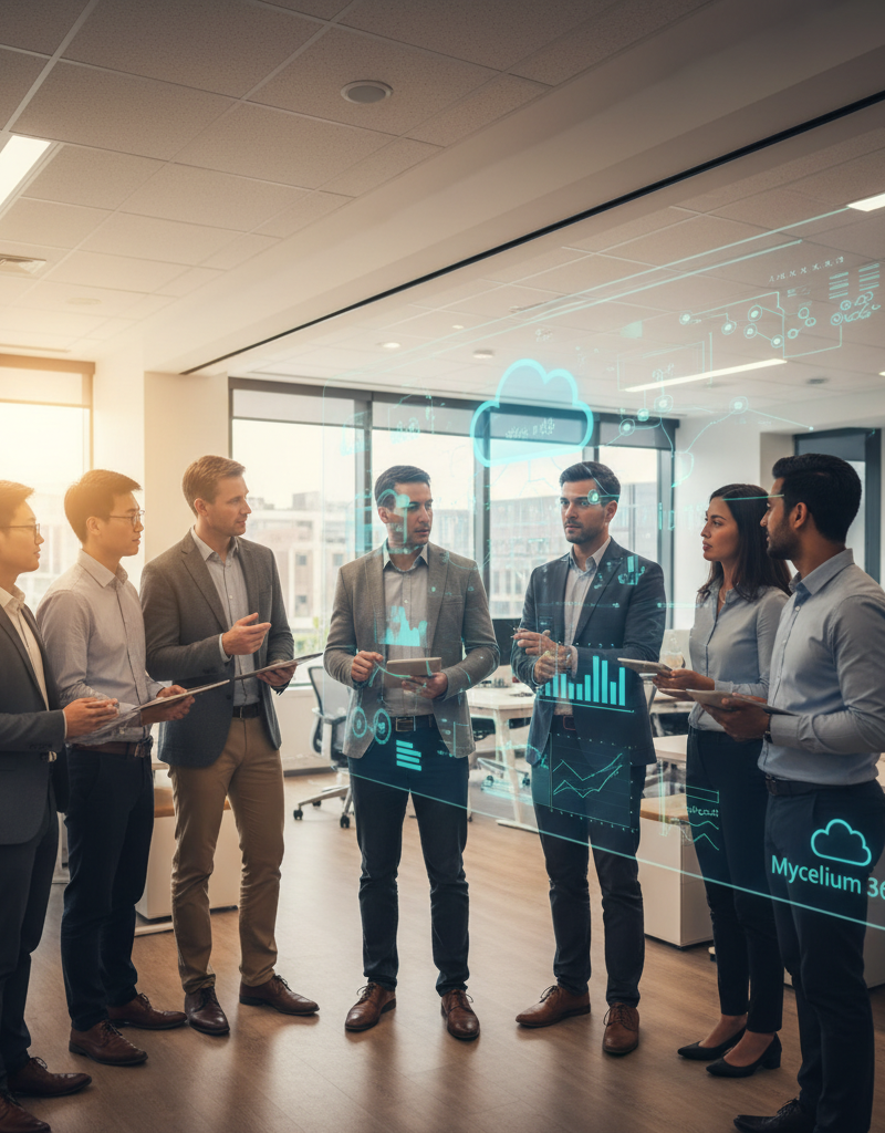 A diverse team of IT professionals from Mycelium 365 in a modern office, collaborating around a large screen displaying cloud architecture diagrams and data analytics.