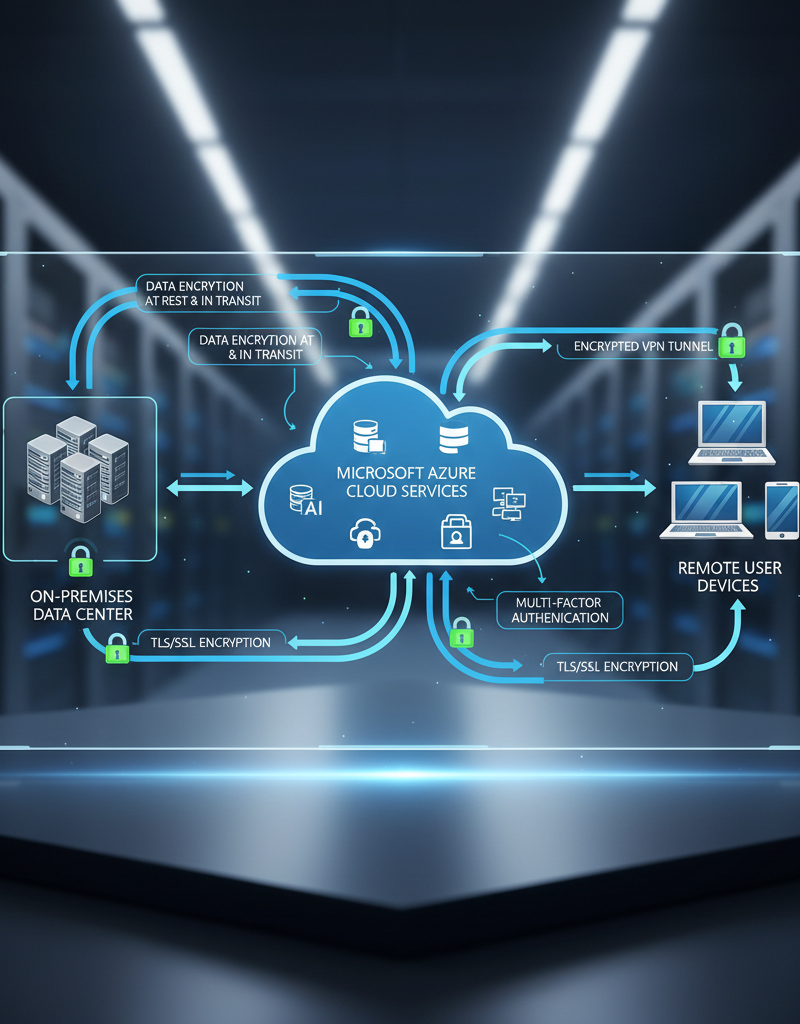 A network diagram showing data flowing securely between on-premises servers, Azure cloud services, and remote user devices, emphasizing secure connections and data encryption.