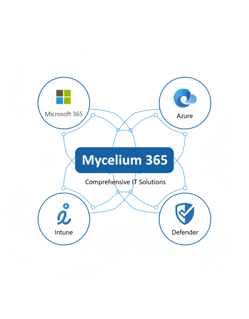 A collage of Microsoft logos, including Microsoft 365, Azure, Intune, and Defender, representing the comprehensive suite of solutions offered by Mycelium 365.