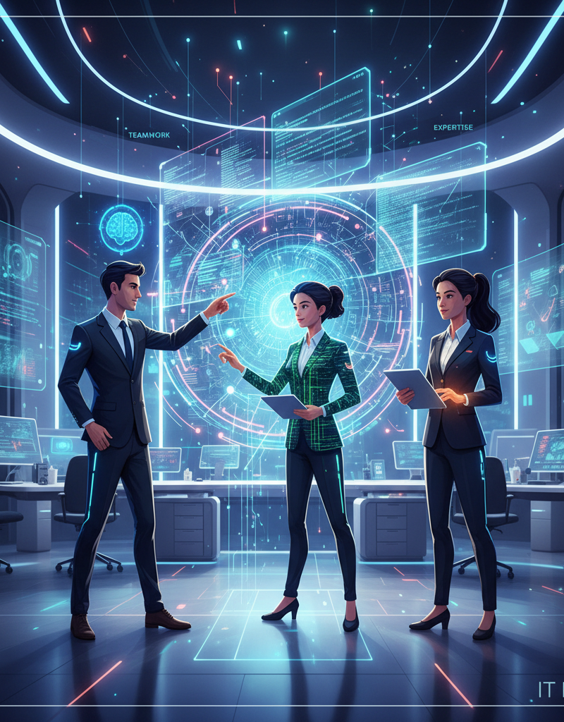 An image showing a team of IT professionals collaborating on a project, highlighting teamwork, expertise, and problem-solving in a modern office environment.