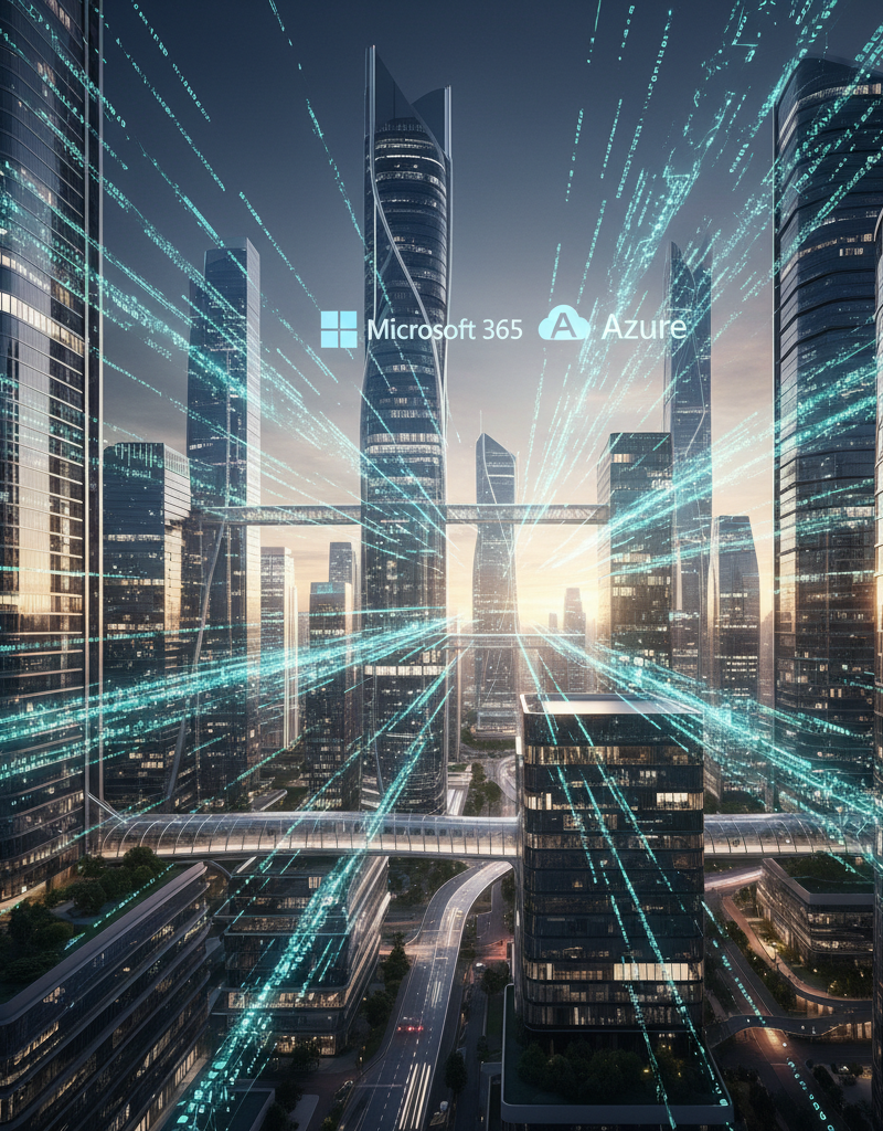 A futuristic cityscape with data streams flowing through the air, representing the interconnectedness and digital transformation enabled by Microsoft 365 and Azure.