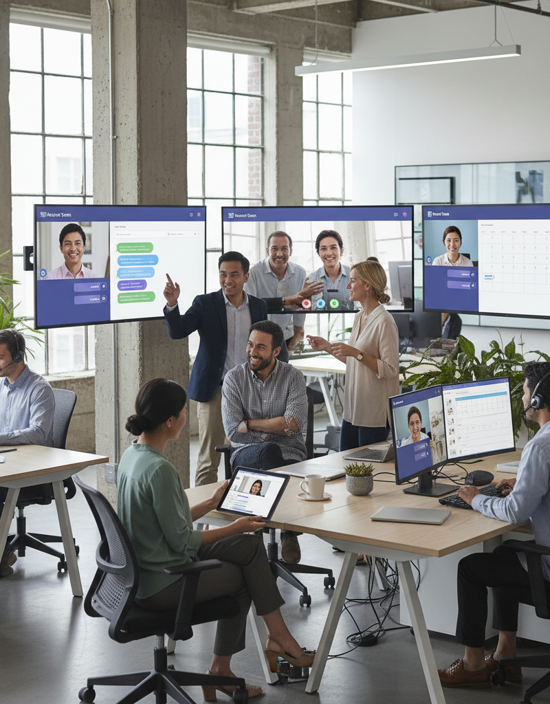 A diverse team of professionals collaborating seamlessly in a modern office environment, with screens displaying Microsoft Teams interfaces for calls, chat, and video conferencing.