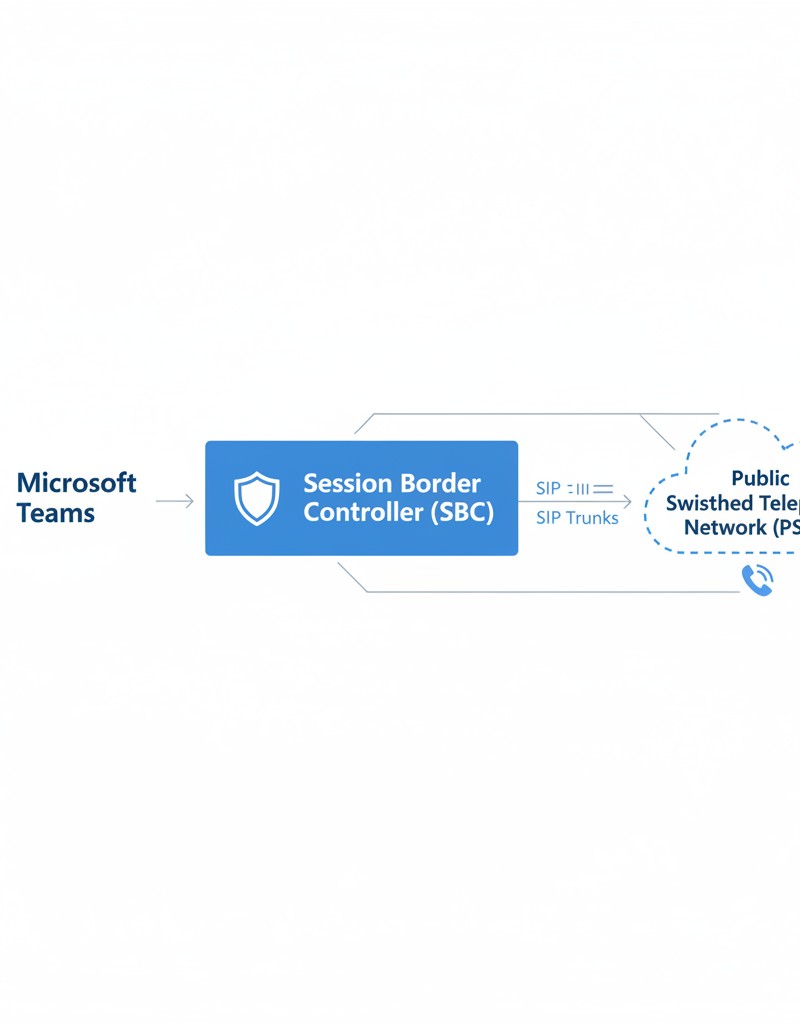 A conceptual diagram illustrating the architecture of Microsoft Teams Direct Routing, showing Teams connected to a Session Border Controller (SBC), which then connects to the Public Switched Telephone Network (PSTN) via SIP trunks.