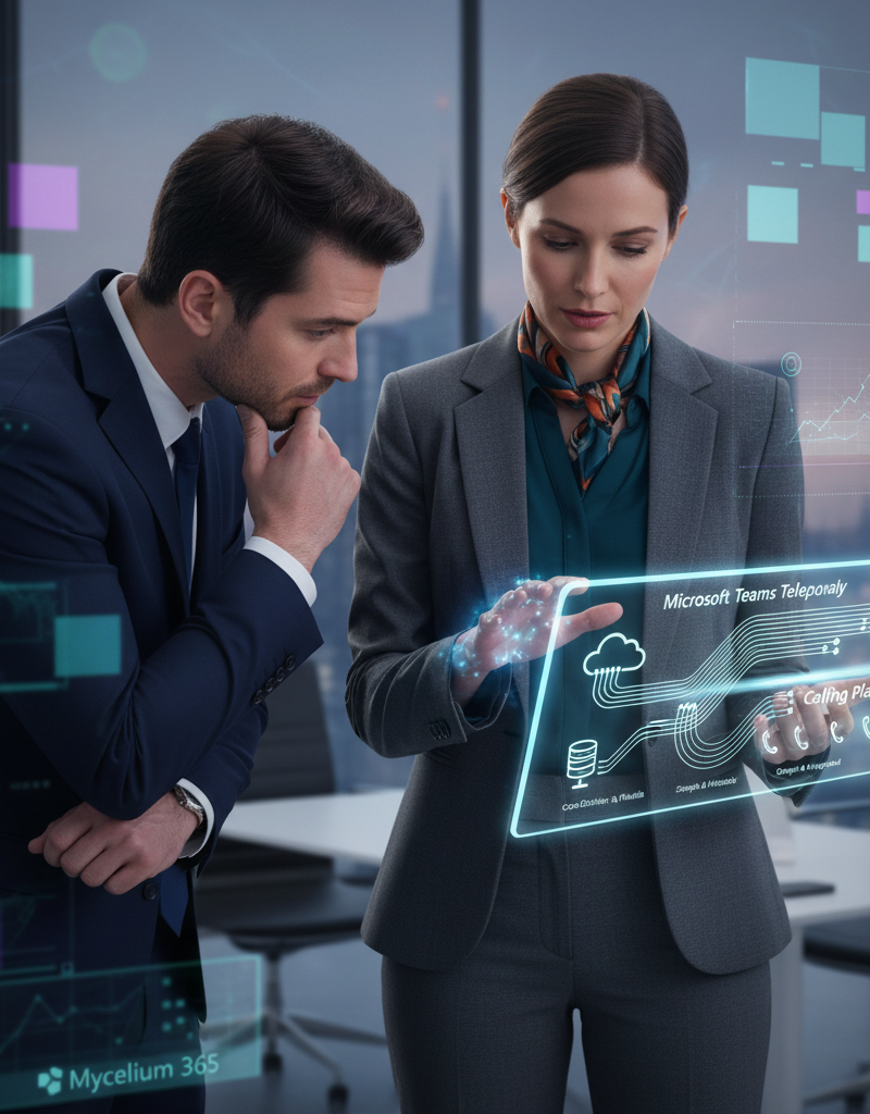 A Mycelium 365 IT consultant explaining Microsoft Teams telephony options to a business owner, pointing to a diagram on a tablet in a professional office setting.