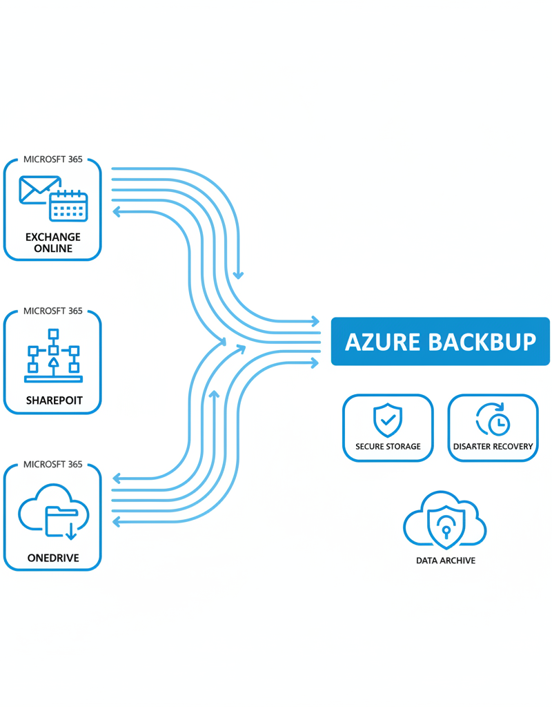 A visual representation of data flowing from Microsoft 365 services (Exchange Online, SharePoint, OneDrive) to Azure Backup for secure storage and disaster recovery.