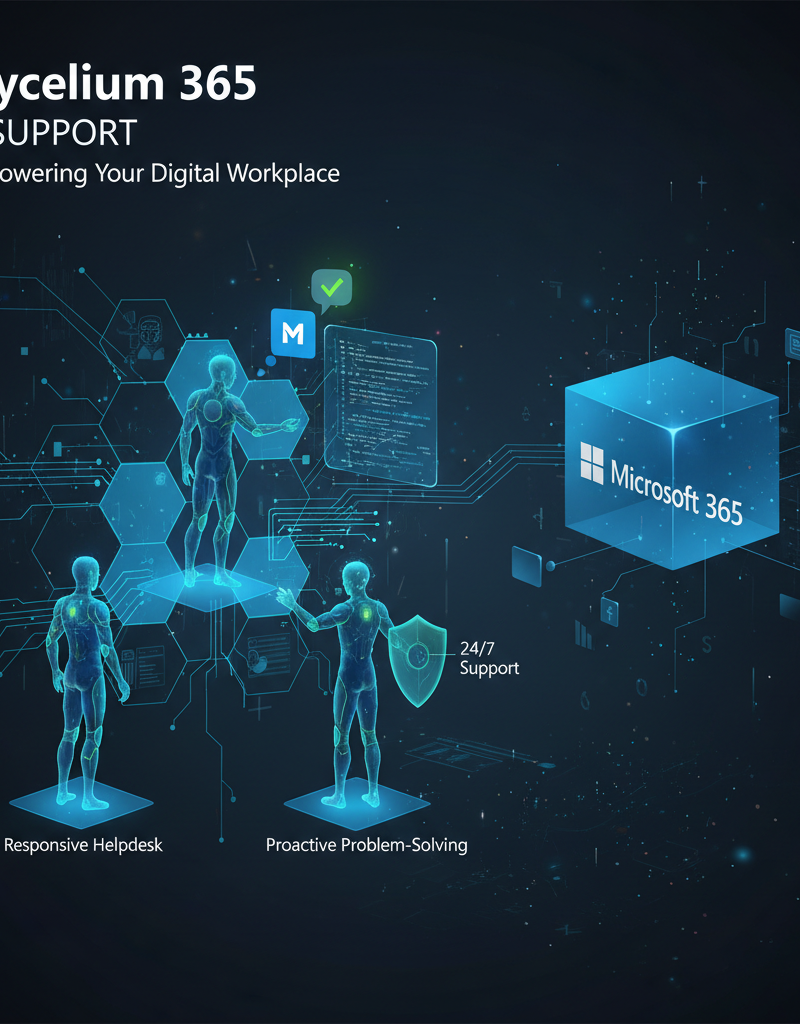 A graphic depicting Mycelium 365's IT support team assisting a client with Microsoft 365 issues, highlighting responsive helpdesk services and proactive problem-solving.