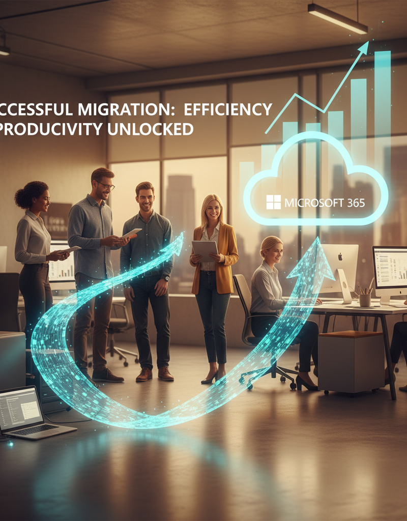A stylized image showing a successful migration symbolized by a smooth upward trajectory of data flowing into the cloud, representing improved efficiency and productivity after migrating to Microsoft 365.