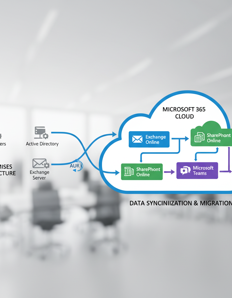 A diagram illustrating the flow of data from on-premises servers to the Microsoft 365 cloud, highlighting the various Microsoft 365 services like Exchange Online, SharePoint Online, and Teams.