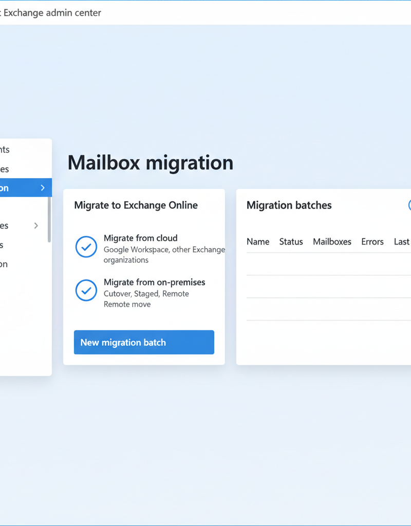 A screenshot of the Microsoft Exchange Admin Center, highlighting the options for migrating mailboxes to Exchange Online, demonstrating the user interface involved in the process.