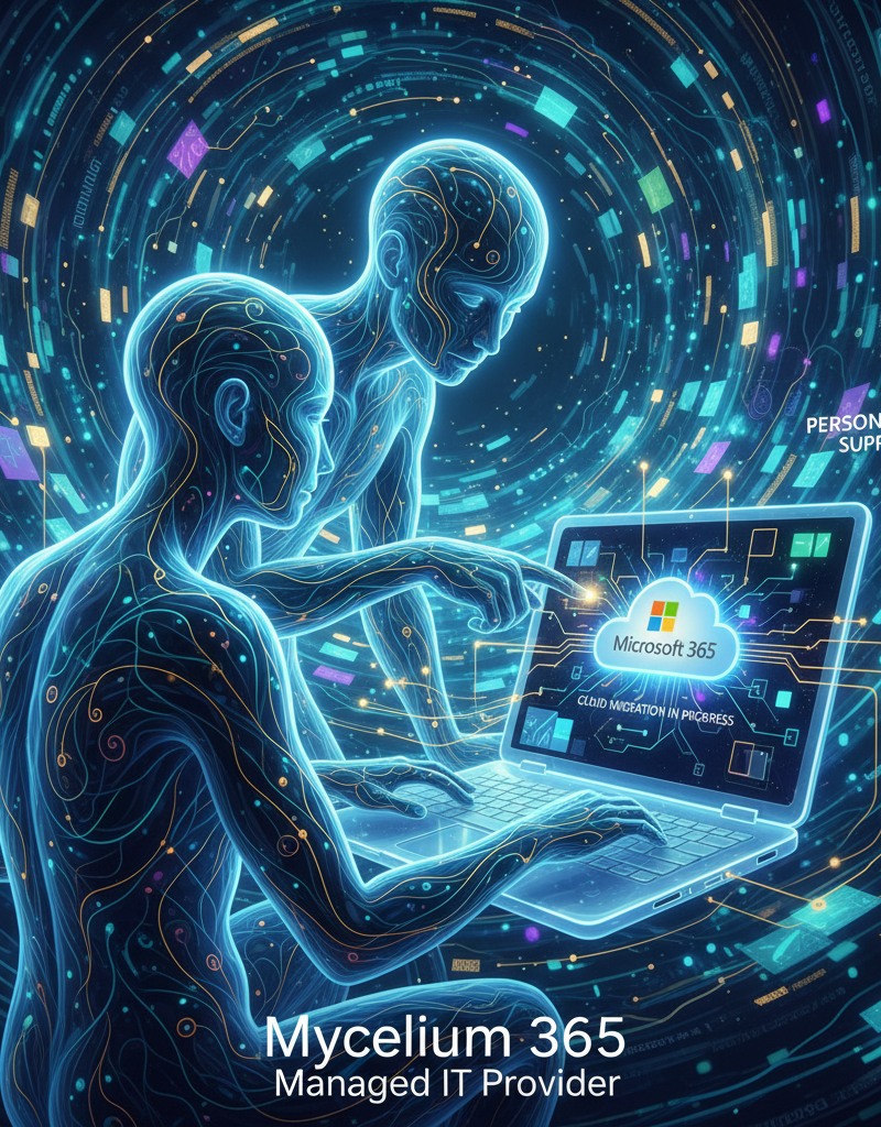 A Mycelium 365 IT expert helping a client with their Microsoft 365 cloud migration on a laptop, showcasing the personalized support provided by a managed IT provider.