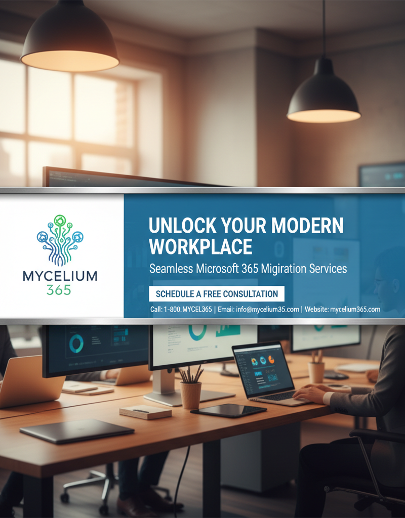 A call to action banner with the Mycelium 365 logo and contact information, encouraging readers to schedule a consultation for Microsoft 365 migration services.