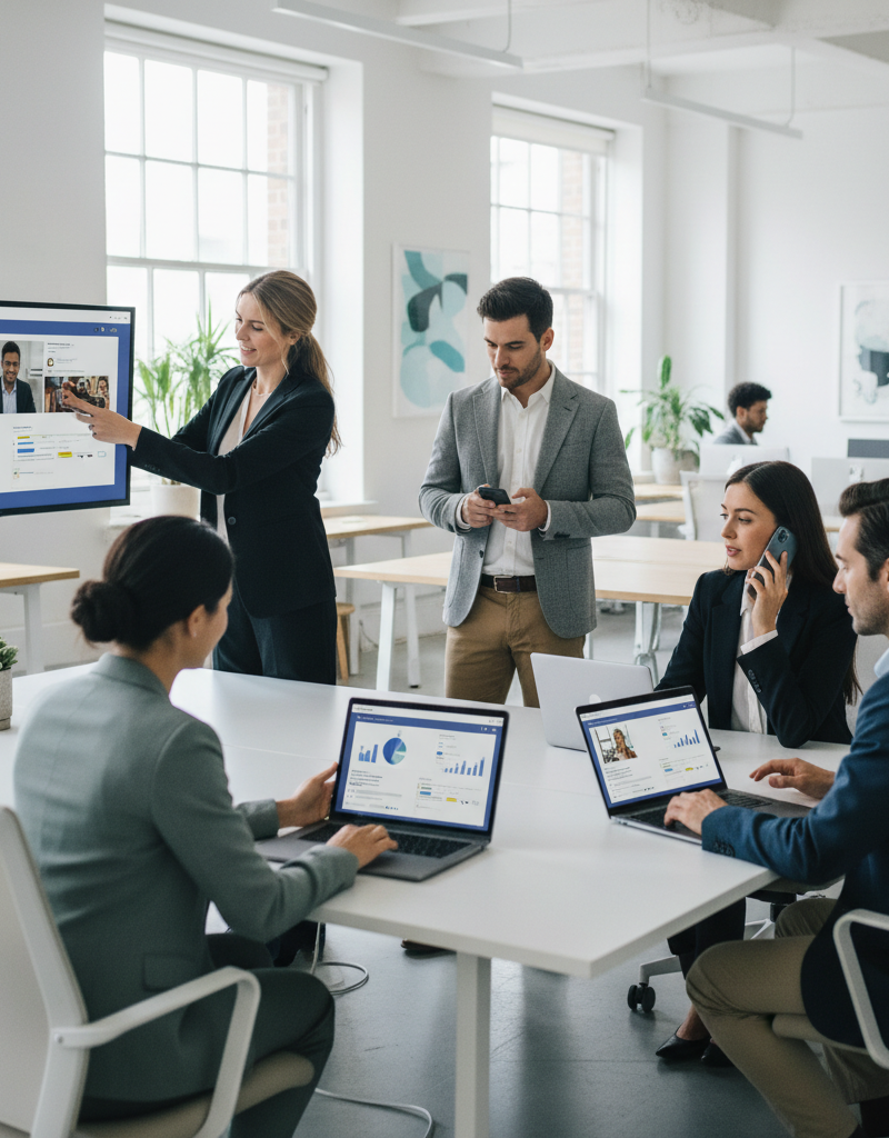 Team members collaborating on a project using Microsoft Teams on multiple devices, laptops, tablets, and smartphones. The setting is a bright, modern office space.