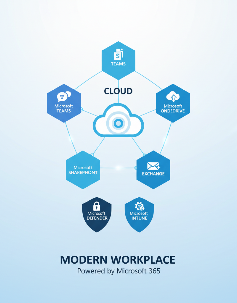 A diagram illustrating the various components of a modern workplace, including Microsoft 365 applications like Teams, SharePoint, OneDrive, and Exchange, all connected through the cloud and secured by Microsoft Defender and Intune.