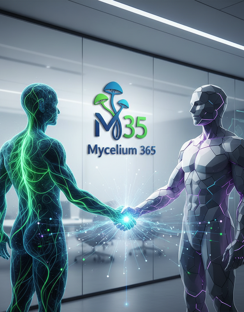 A Mycelium 365 consultant shaking hands with a client in a modern office setting, symbolising a partnership for Modern Workplace transformation. The Mycelium 365 logo is subtly displayed in the background.