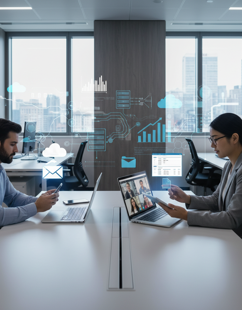 Modern office workers collaborating seamlessly with various Microsoft 365 apps on multiple devices (laptop, tablet, phone). Digital overlay showing data flow and security shields.