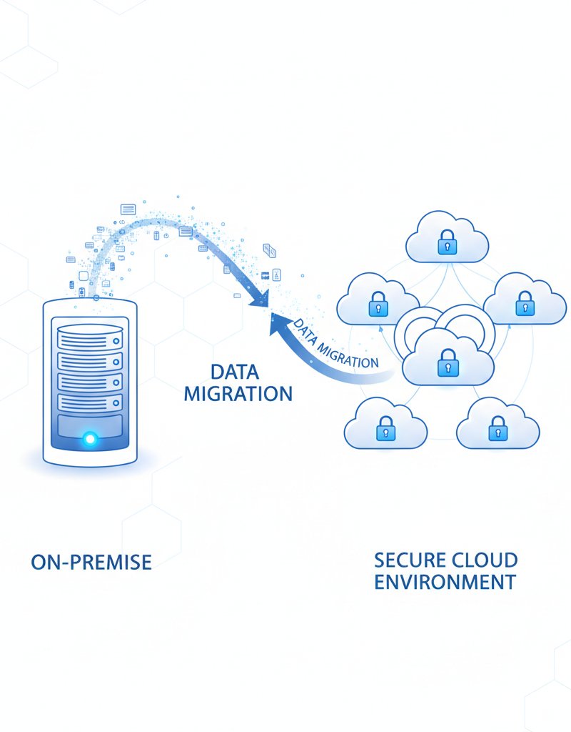A visual representation of a cloud migration, with data flowing from on-premise servers (represented by a physical server rack) into a secure cloud environment (represented by stylised cloud icons and a lock).